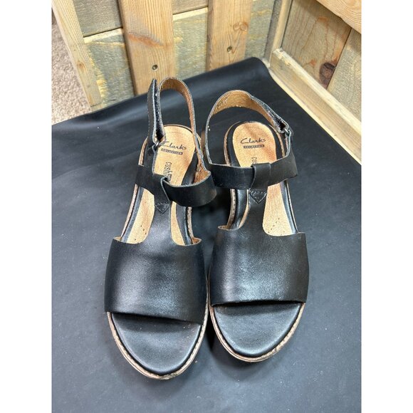 Clarks Womens Leather Black Wedge Sandals US 9 Comfortable Cushioned Sole - Picture 2 of 10